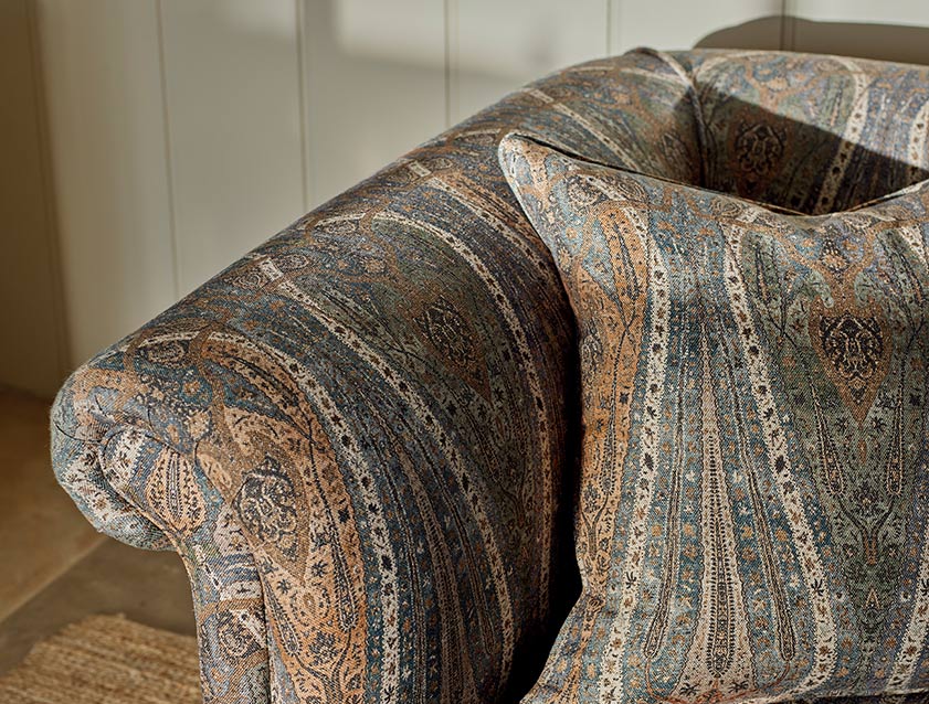 Masham 3 Seater Sofa in V&A Threads of India on Linen Paisley Splendour Steel detail